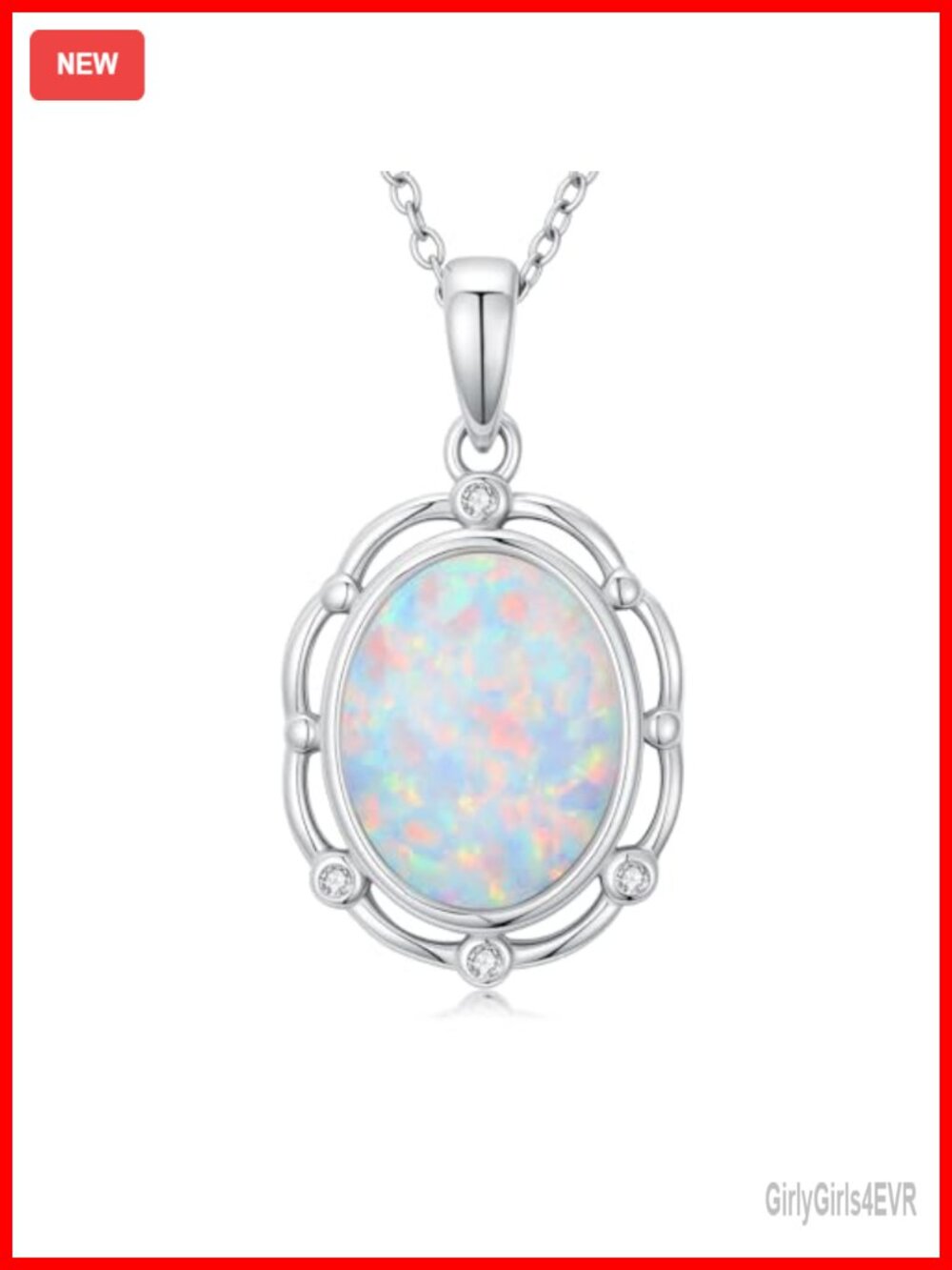 MOTIEL Oval Opal & Diamond Pendant Necklace 925 Sterling Silver 18" Chain